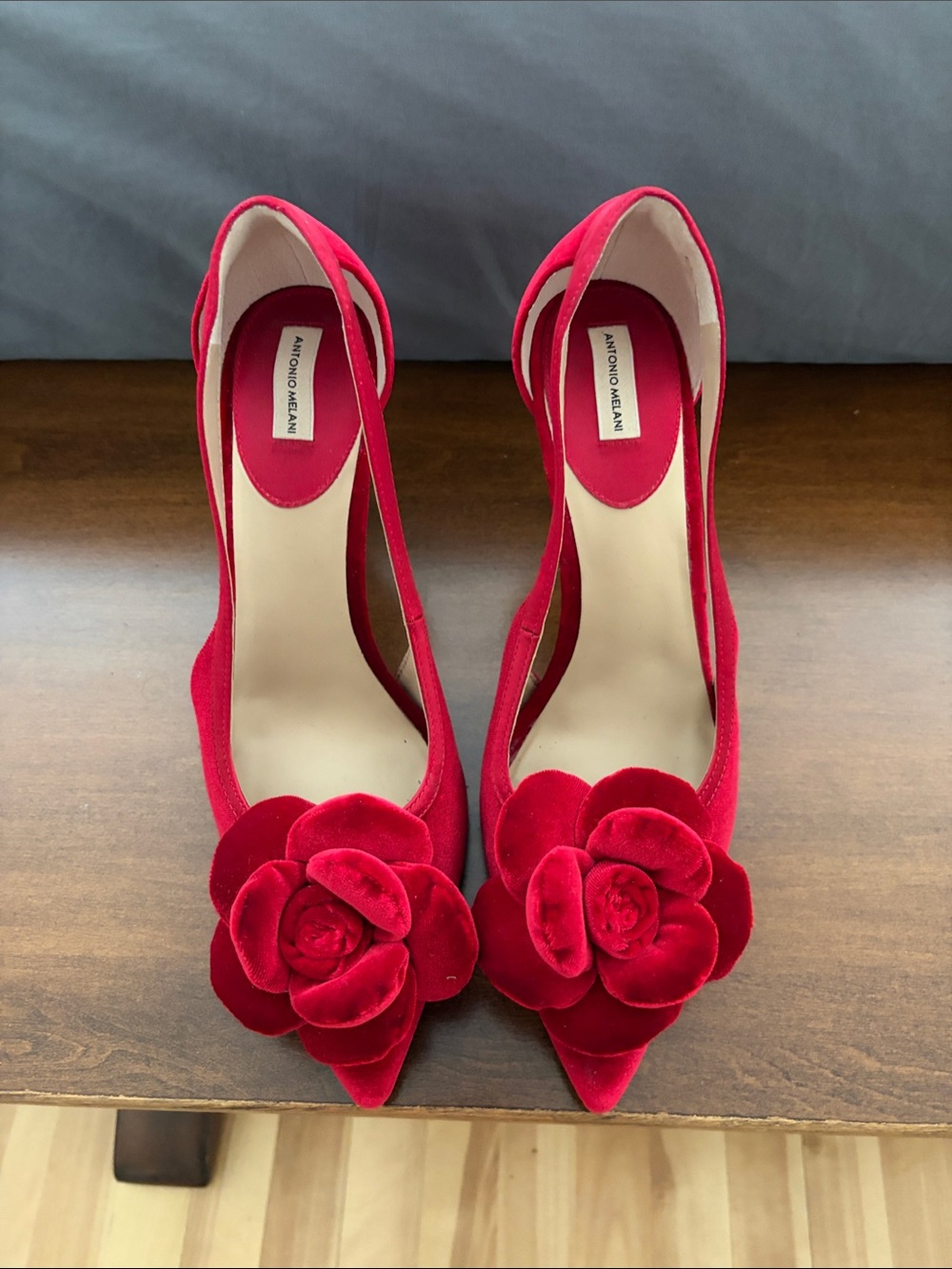 ANTONIO MELANI Red Velvet Pointed-Toe Pumps with Floral Applique